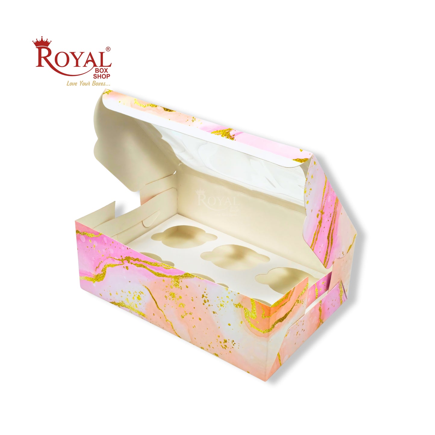 6pc Cupcake Box With Window | 10x7x3.5 Inch | Pink Marble Print | FBB