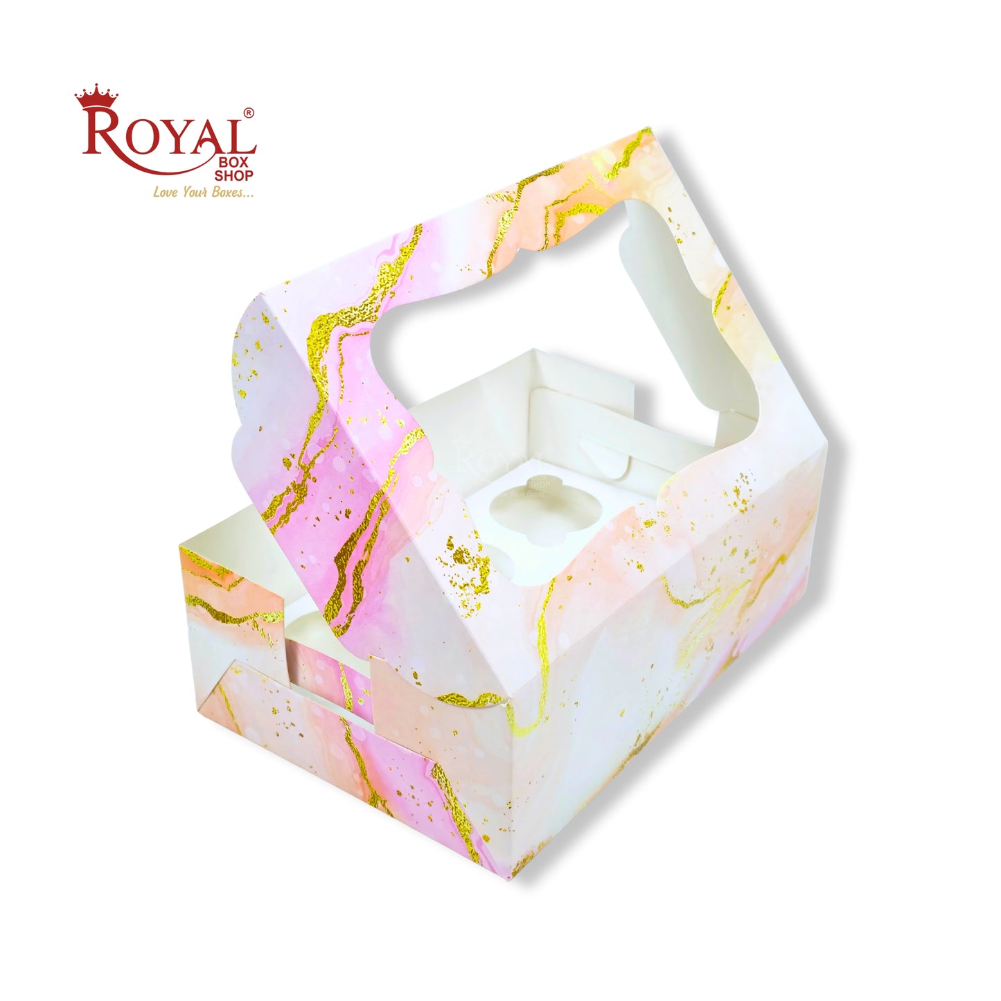 6pc Cupcake Box With Window | 10x7x3.5 Inch | Pink Marble Print | FBB