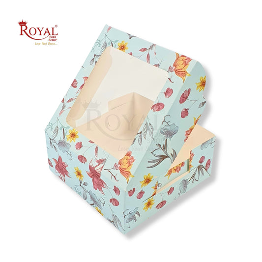 Dry Cake Box With Window I Size 7x7x3 inch I Blue Floral I For upto 500 Gm Dry Cakes, Chocolates, Cookies, Muffins Royal Box Shop