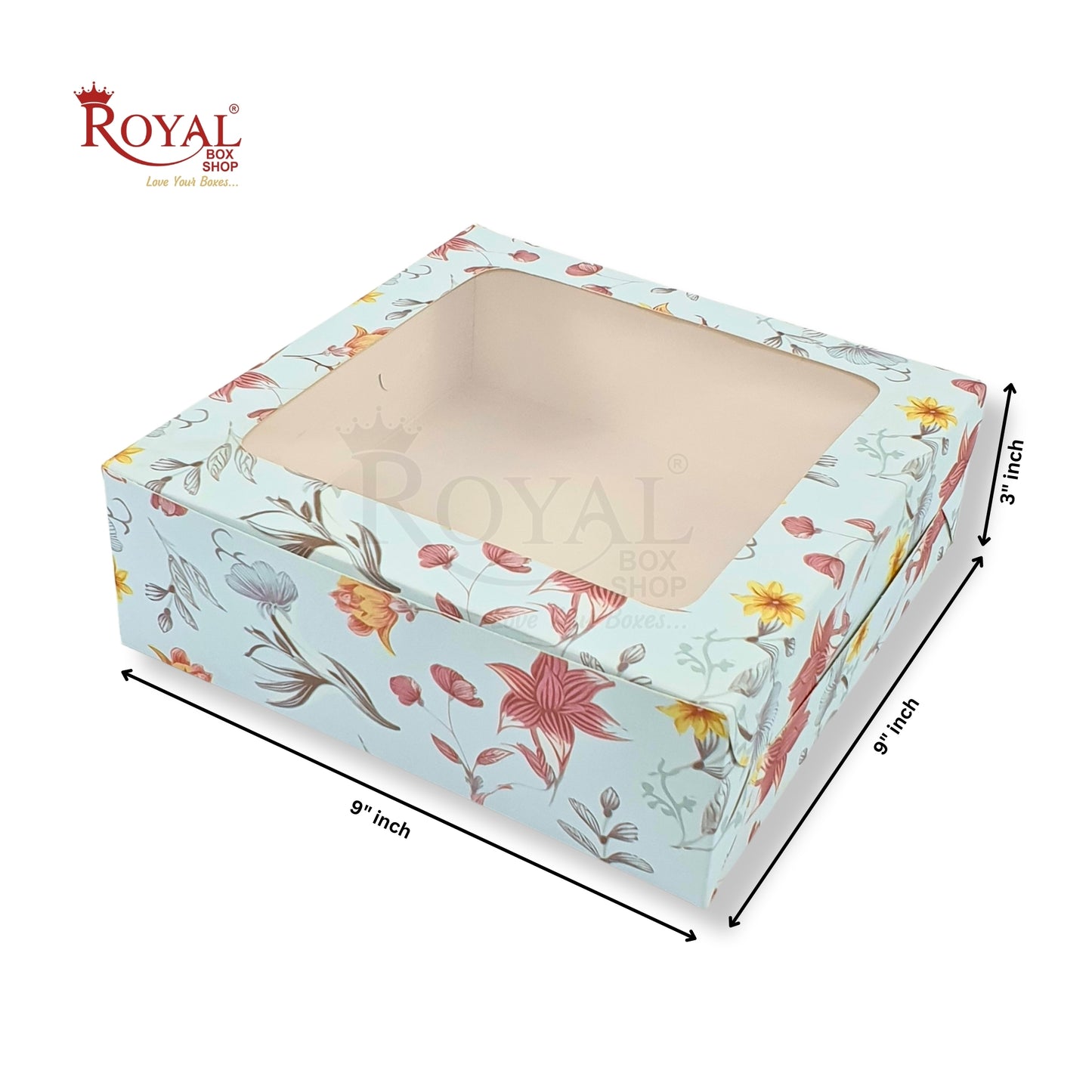 Dry Cake Box With Window I Size 9x9x3 inch I Blue Floral I For Cakes, Dry Cakes, Chocolates, Cookies, Muffins Royal Box Shop