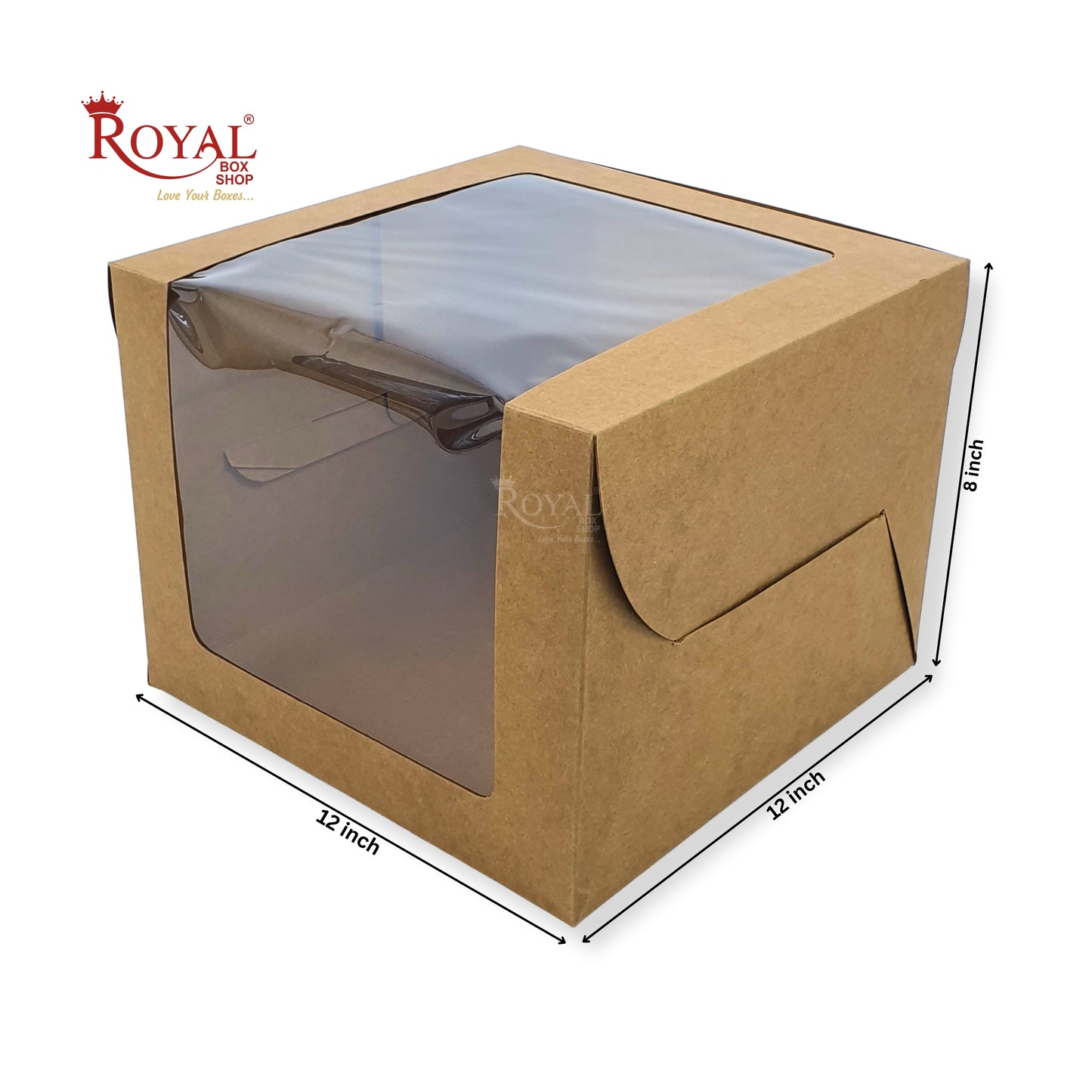 Tall Cake Box L-shape Window - 12"x12"x8"inches - Kraft