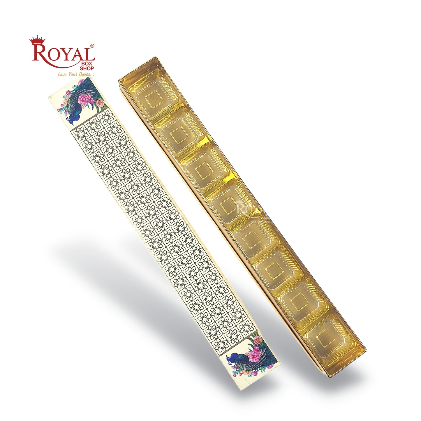 Long Sleek Sweets Rigid Box I Peacock Theme I Perfect Packaging for Sweets, Chocolates & Baklawa Royal Box Shop
