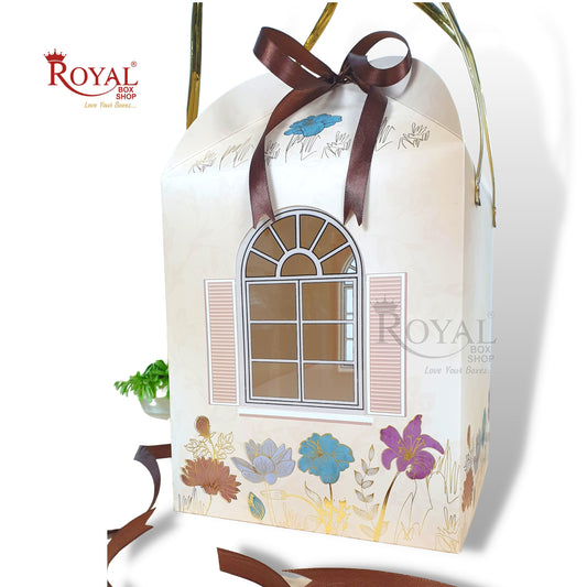 Premium Hut Theme Boxes I 7.5x7.5x8.5 Inch I Cream Color Gold Leaf Printing I Christmas Gifting, Wedding, Corporate, Birthday Return Gifting Hamper Bags Royal Box Shop