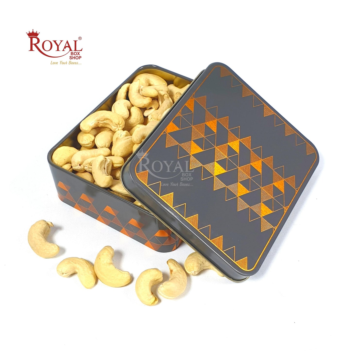 Premium Tin Box I Golden Foiling I 4"x4.75"x1.5" Inches I Grey Color I For Return Gifts, Hamper Box, Dry Fruits Packing Royal Box Shop