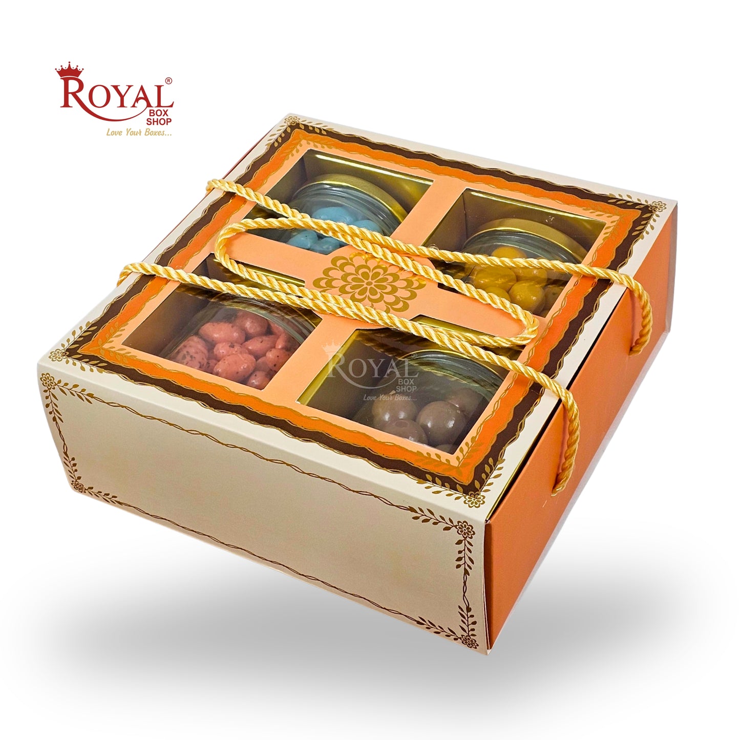 Royal Box Shop® Premium 4 Jar Square Dry Fruit Hamper Box I RBF-44 D2 I Packaging Only