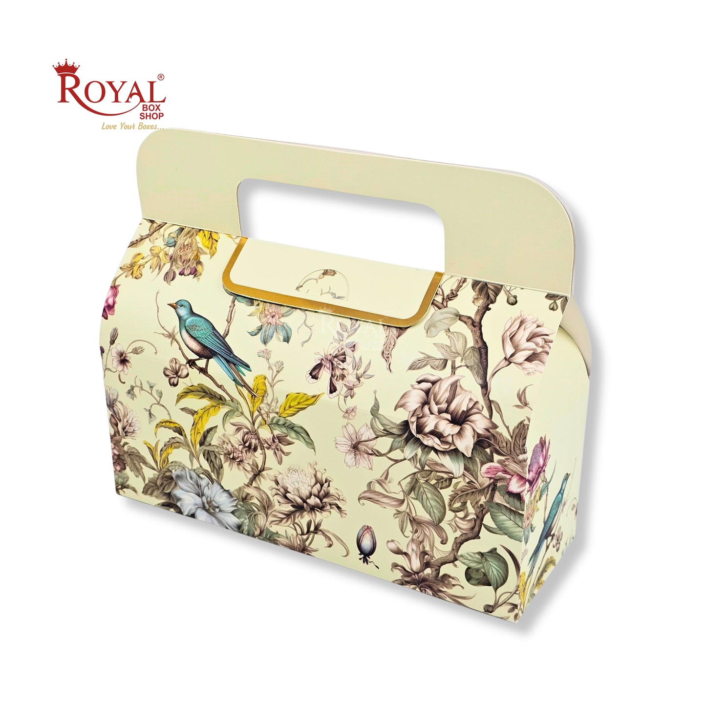 Royal Box Shop® Festive Gift Hamper Box With Handle | RBF-49 D2 | 10.5x4x3.75 Inch | Cream With Bird Print