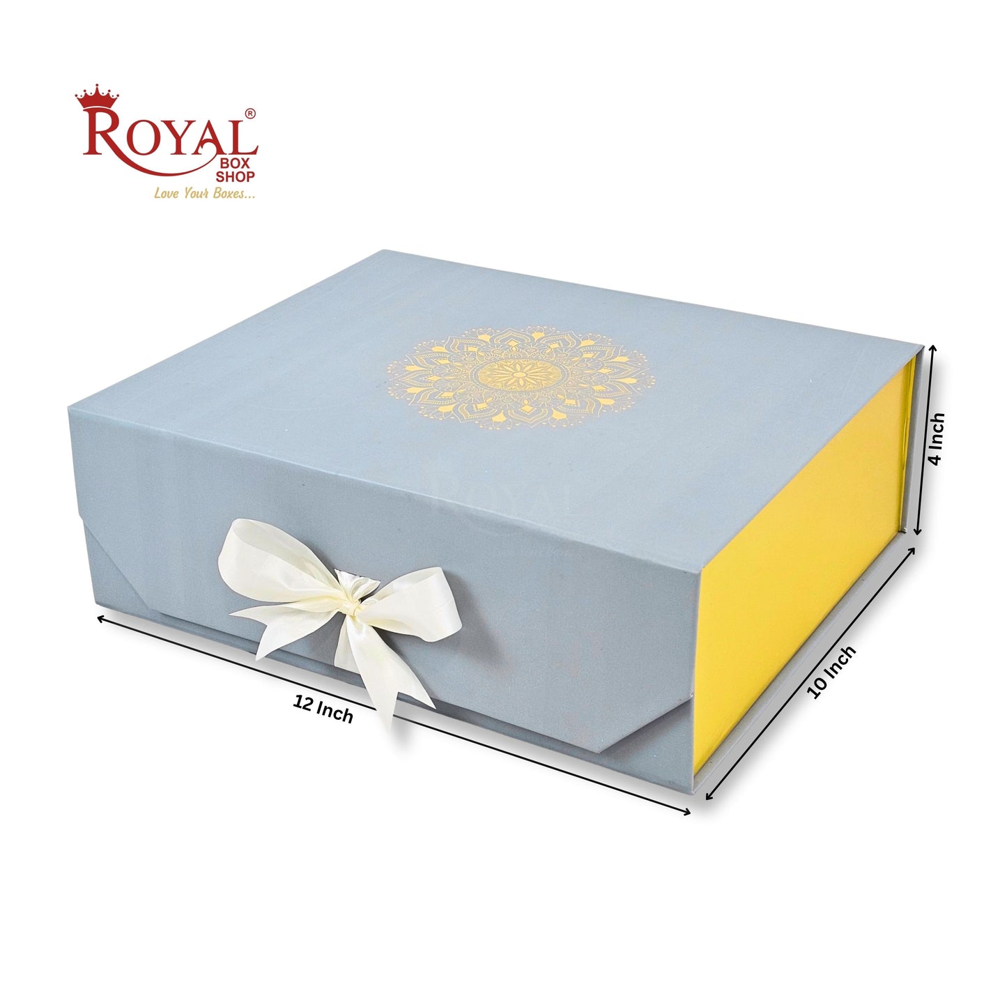 Royal Box Shop® Premium Rigid Gift Box I 12x10x4 Inch I Royal Grey I Collapsible with Ribbon