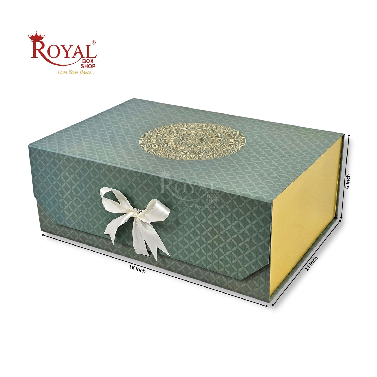Royal Box Shop® Premium Rigid Gift Box I 16x11x6 Inch I Royal Green I Collapsible with Ribbon