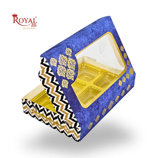 Premium 6 Cavity Chocolate Gift Box | RCH-06 | Festive Blue with Golden Tray & Window