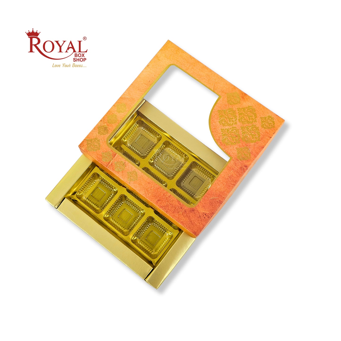 RoyalBoxShop® 9 Cavity Chocolate Box | RCH-09 D1 | Window Lid | Golden Tray
