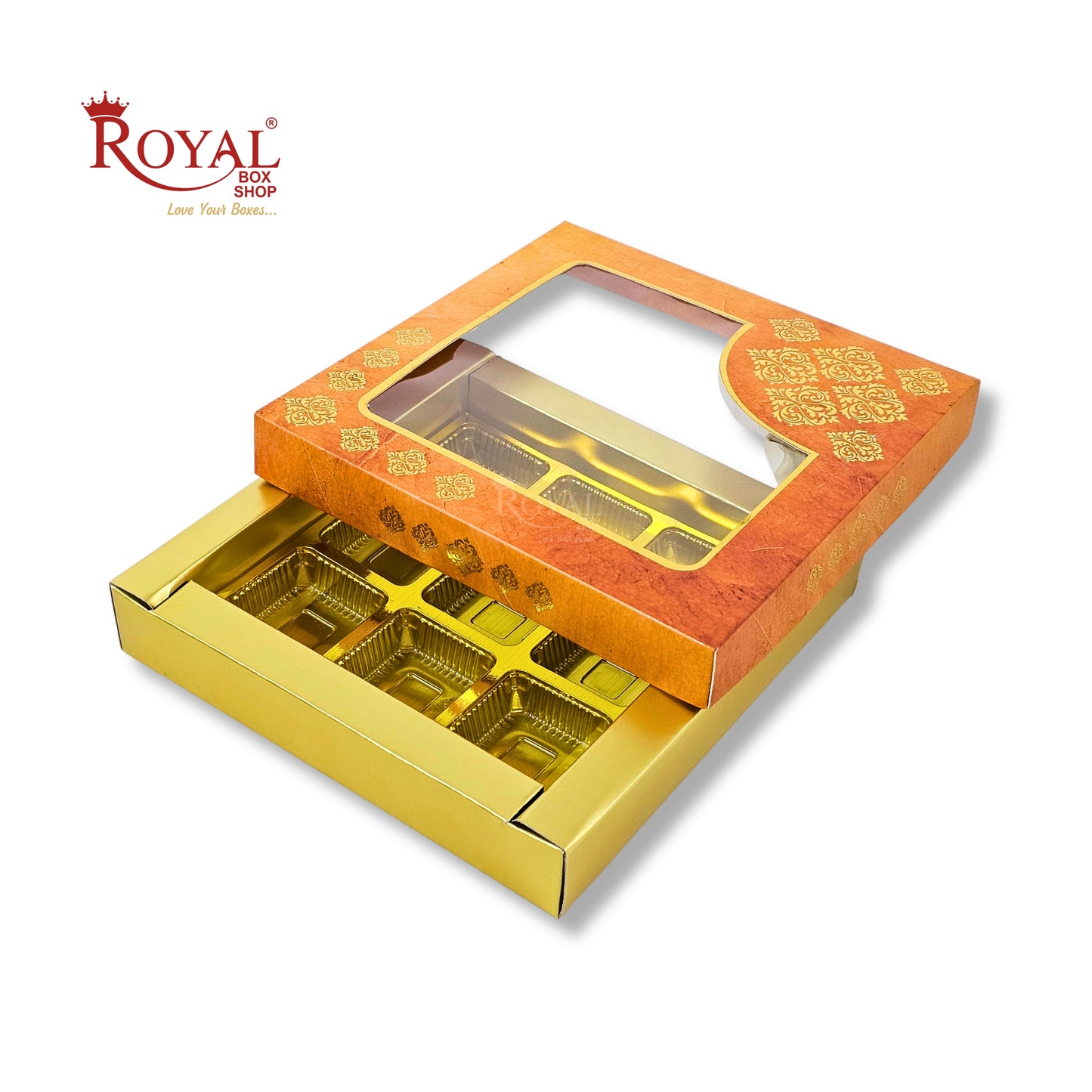 RoyalBoxShop® 9 Cavity Chocolate Box | RCH-09 D1 | Window Lid | Golden Tray