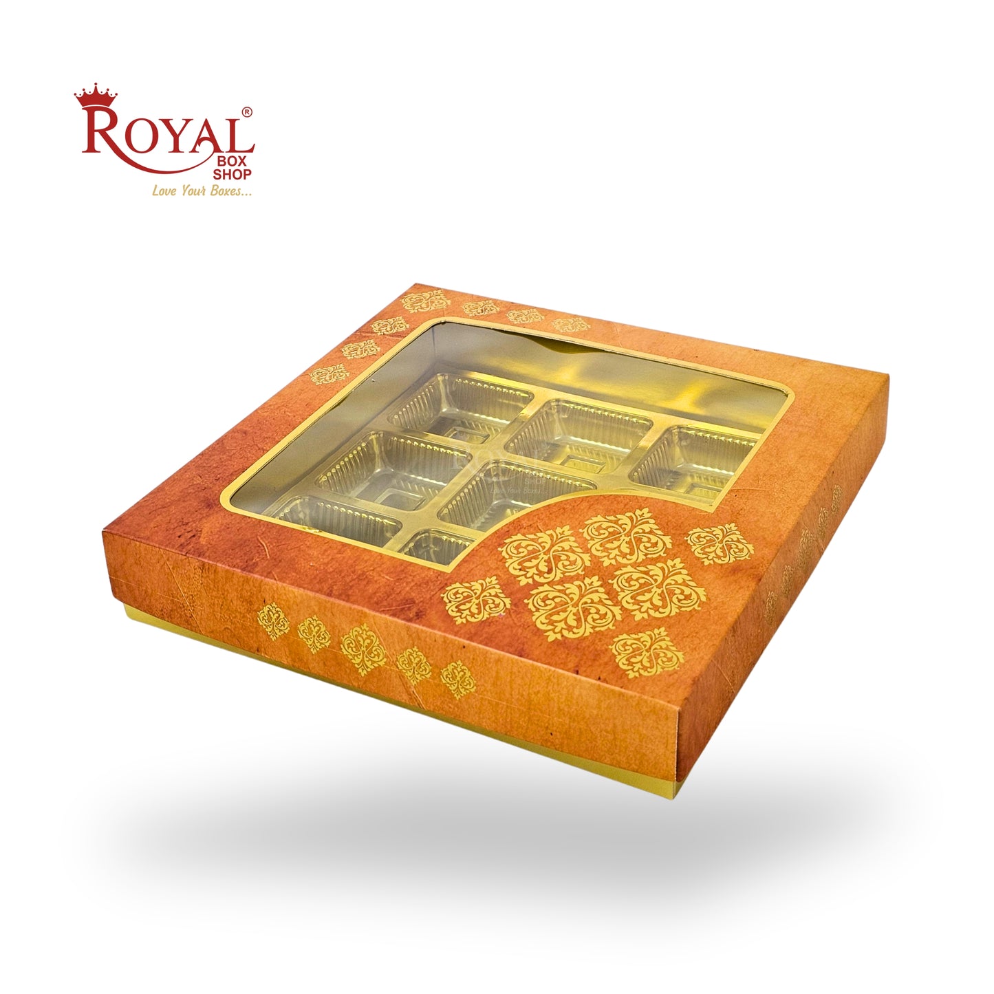 RoyalBoxShop® 9 Cavity Chocolate Box | RCH-09 D1 | Window Lid | Golden Tray