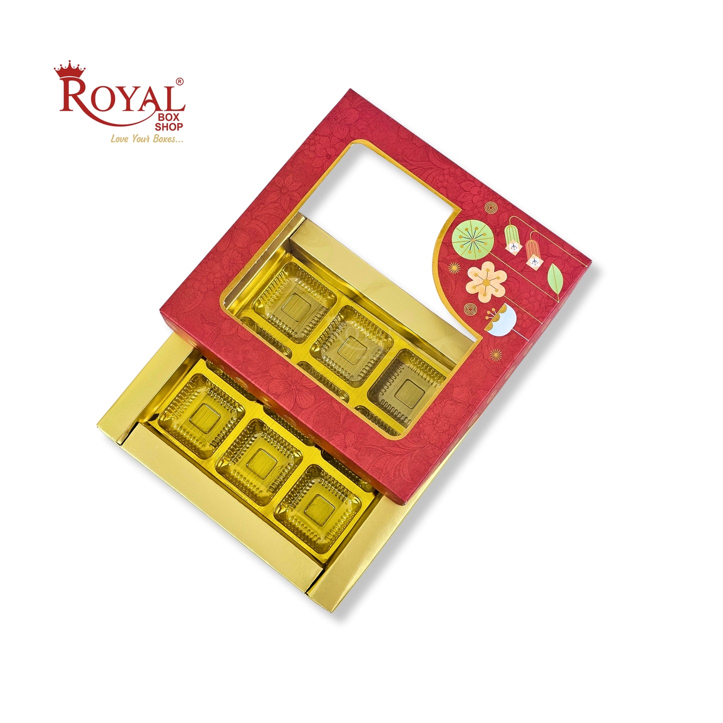 RoyalBoxShop® 9 Cavity Chocolate Box | RCH-09 D2 | Window Lid | Golden Tray