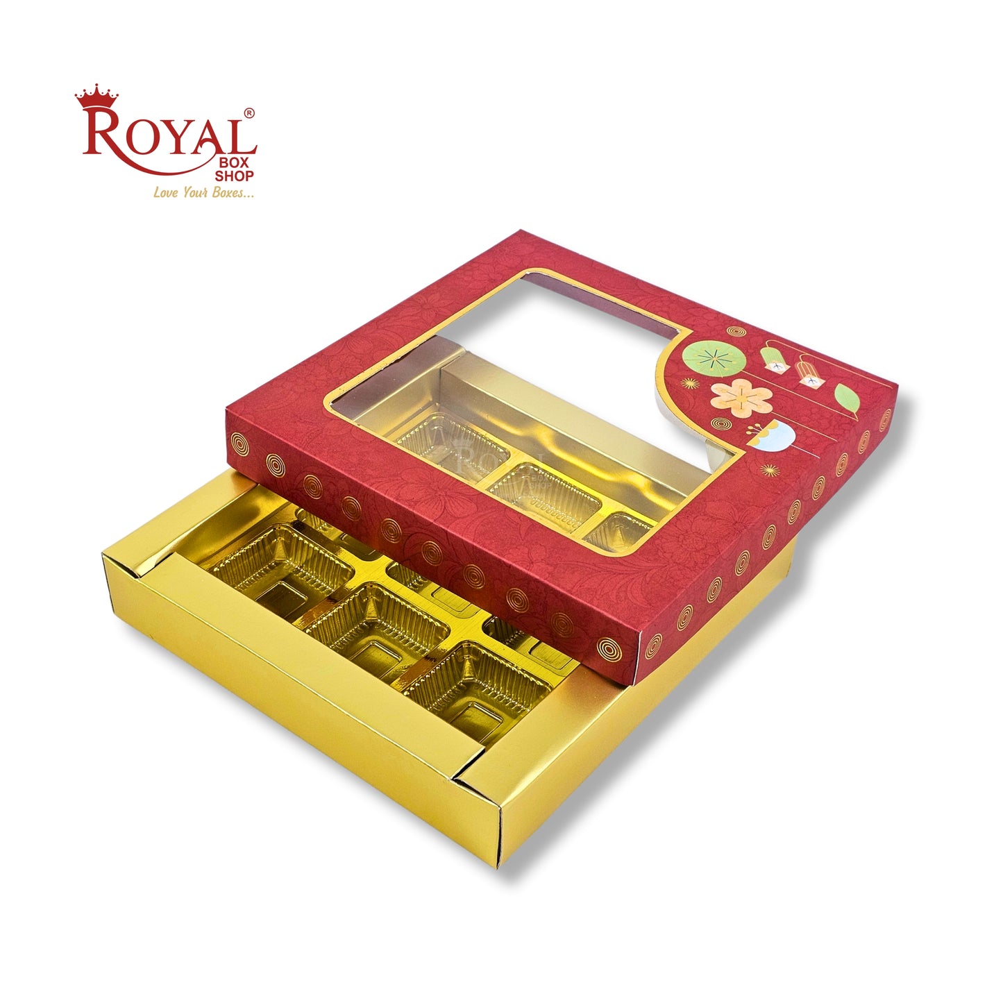 RoyalBoxShop® 9 Cavity Chocolate Box | RCH-09 D2 | Window Lid | Golden Tray