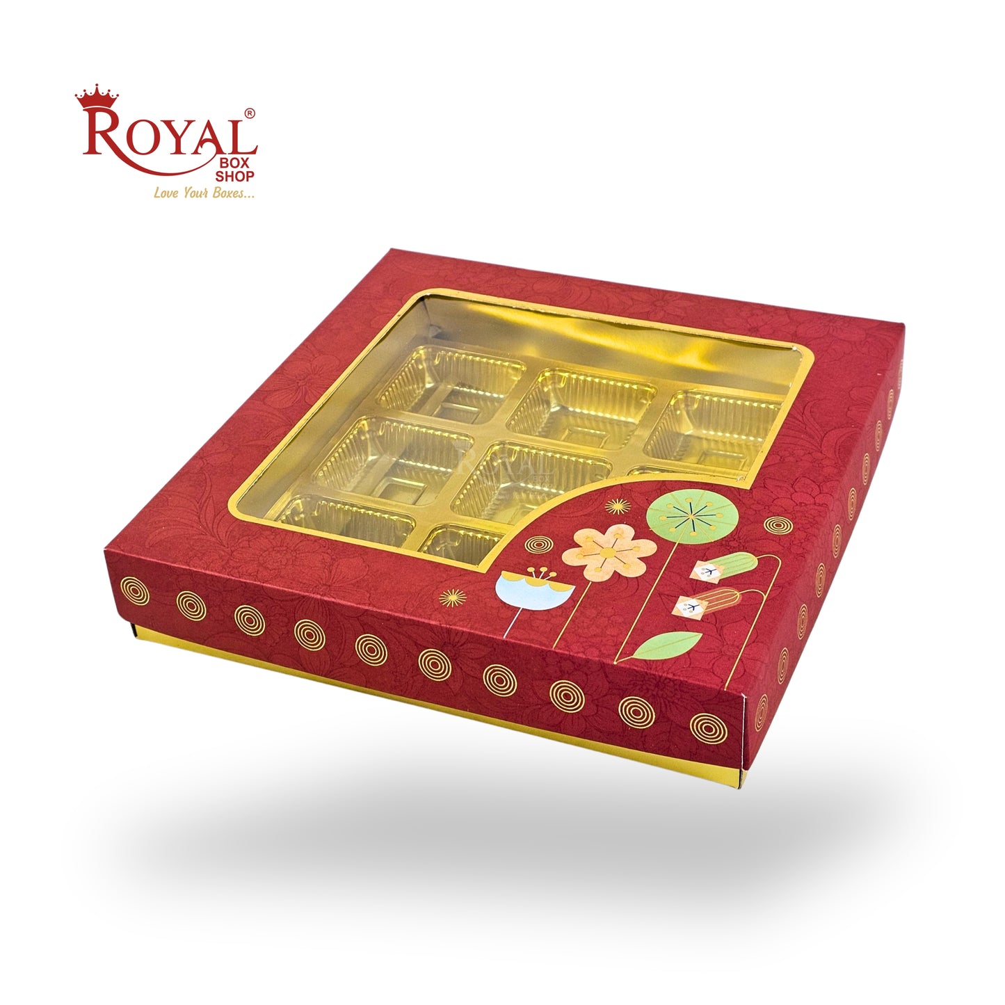 RoyalBoxShop® 9 Cavity Chocolate Box | RCH-09 D2 | Window Lid | Golden Tray