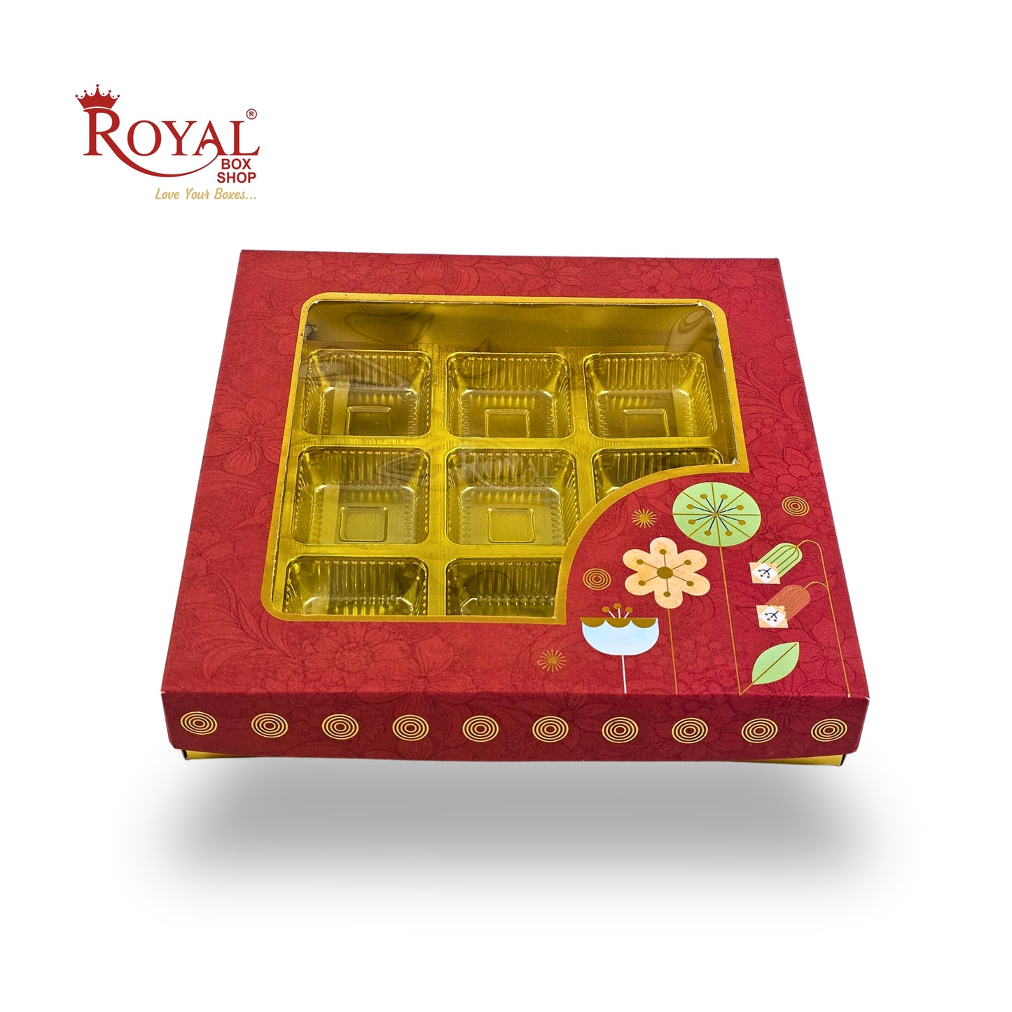 RoyalBoxShop® 9 Cavity Chocolate Box | RCH-09 D2 | Window Lid | Golden Tray