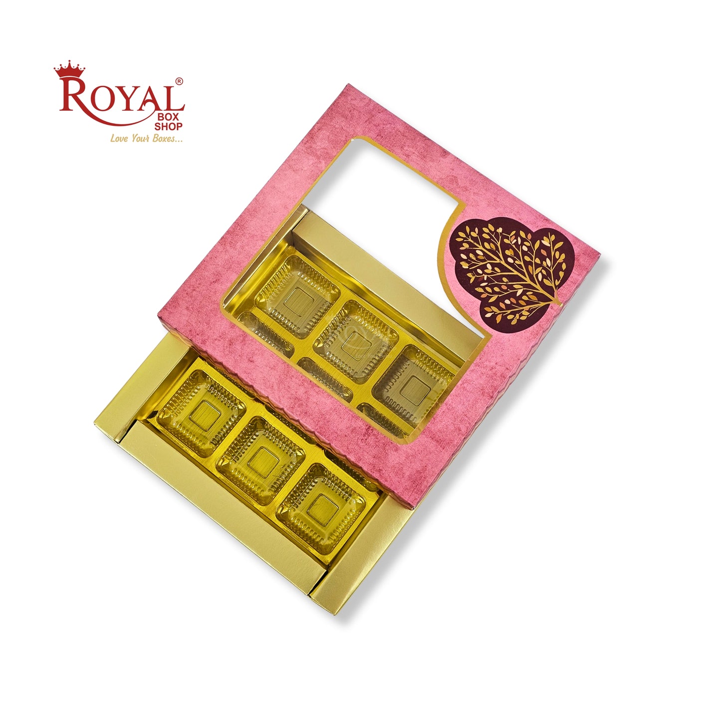 RoyalBoxShop® 9 Cavity Chocolate Box | RCH-09 D4 | Window Lid | Golden Tray