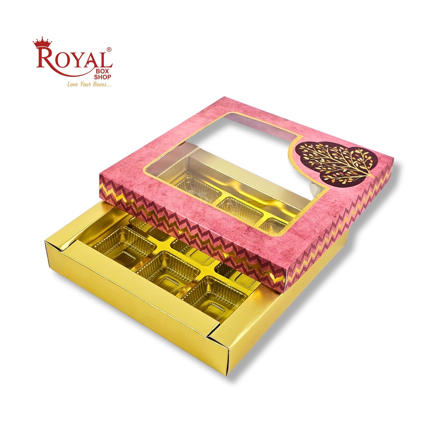 RoyalBoxShop® 9 Cavity Chocolate Box | RCH-09 D4 | Window Lid | Golden Tray