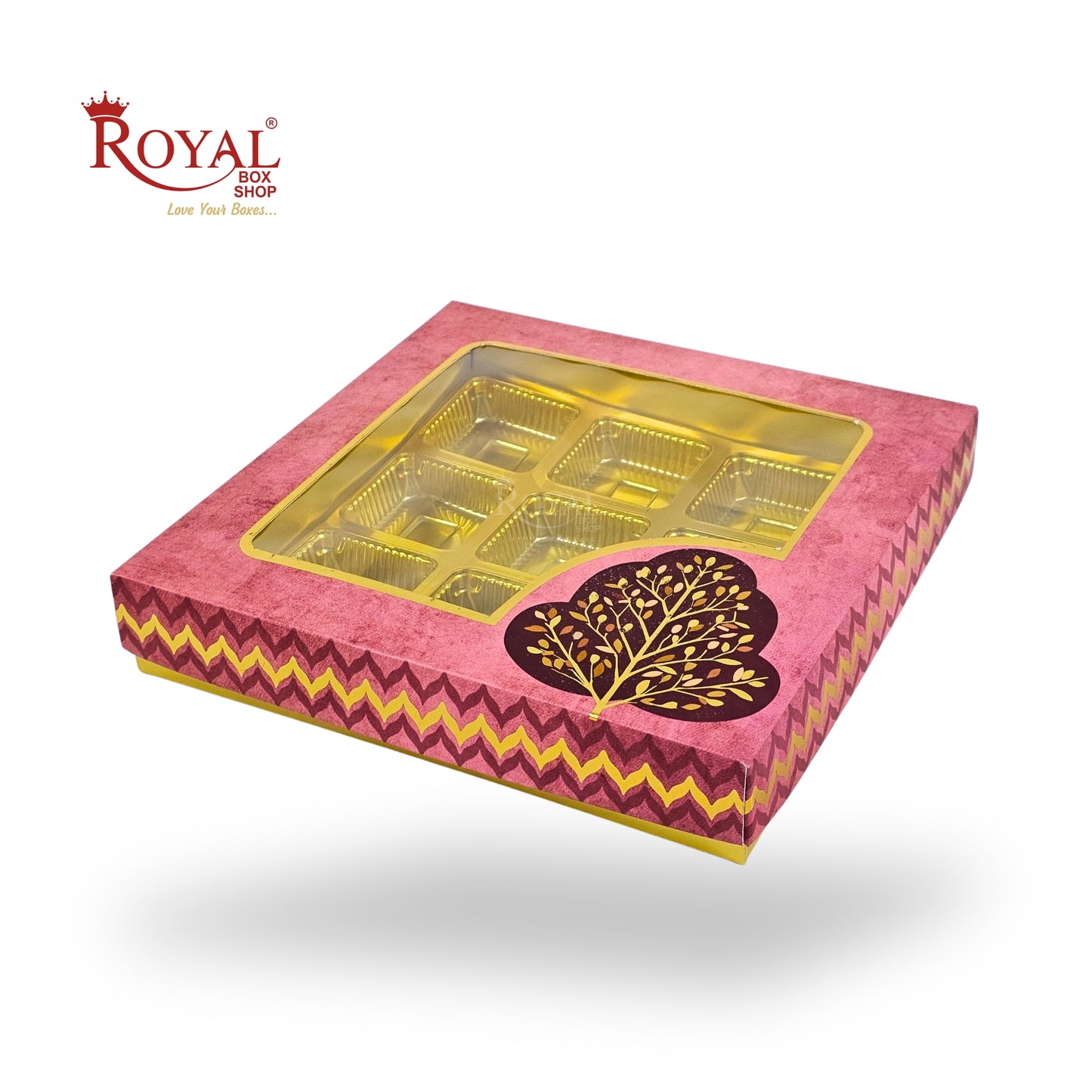 RoyalBoxShop® 9 Cavity Chocolate Box | RCH-09 D4 | Window Lid | Golden Tray