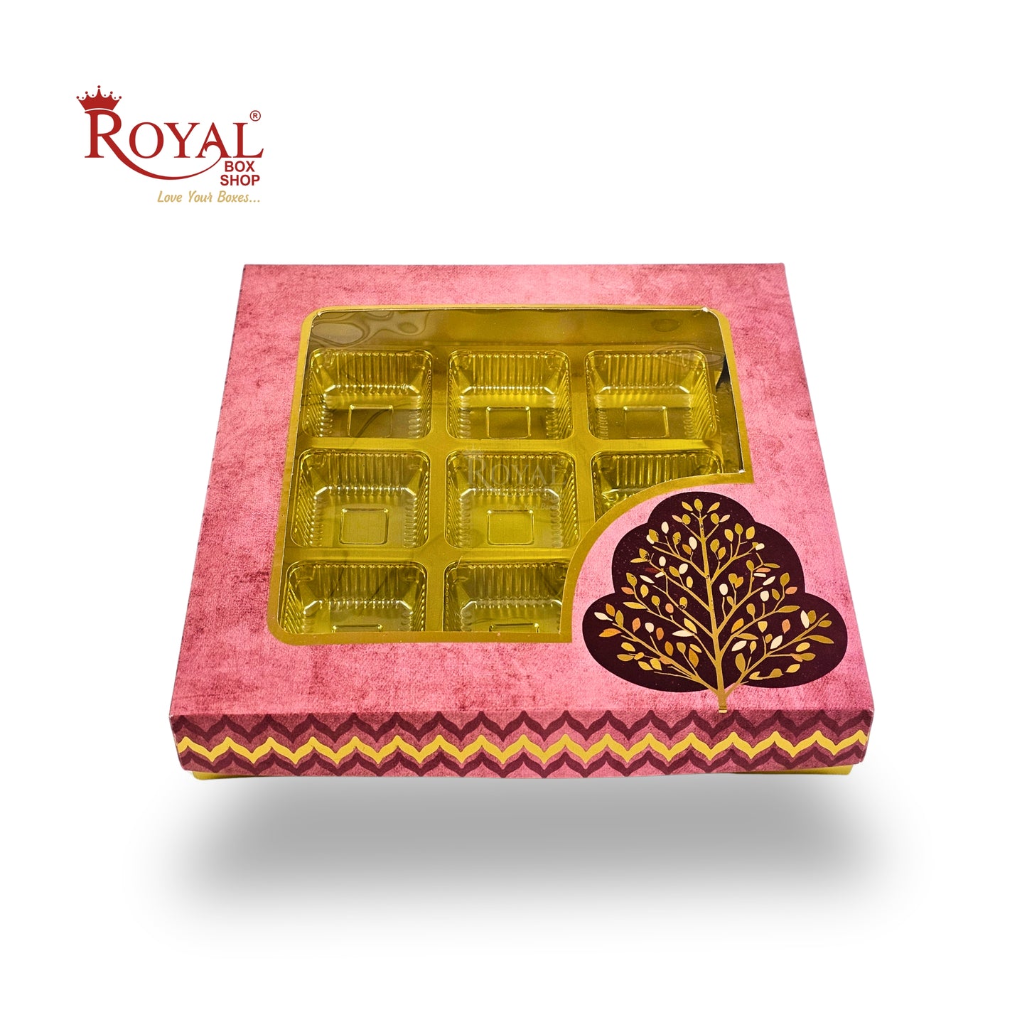 RoyalBoxShop® 9 Cavity Chocolate Box | RCH-09 D4 | Window Lid | Golden Tray