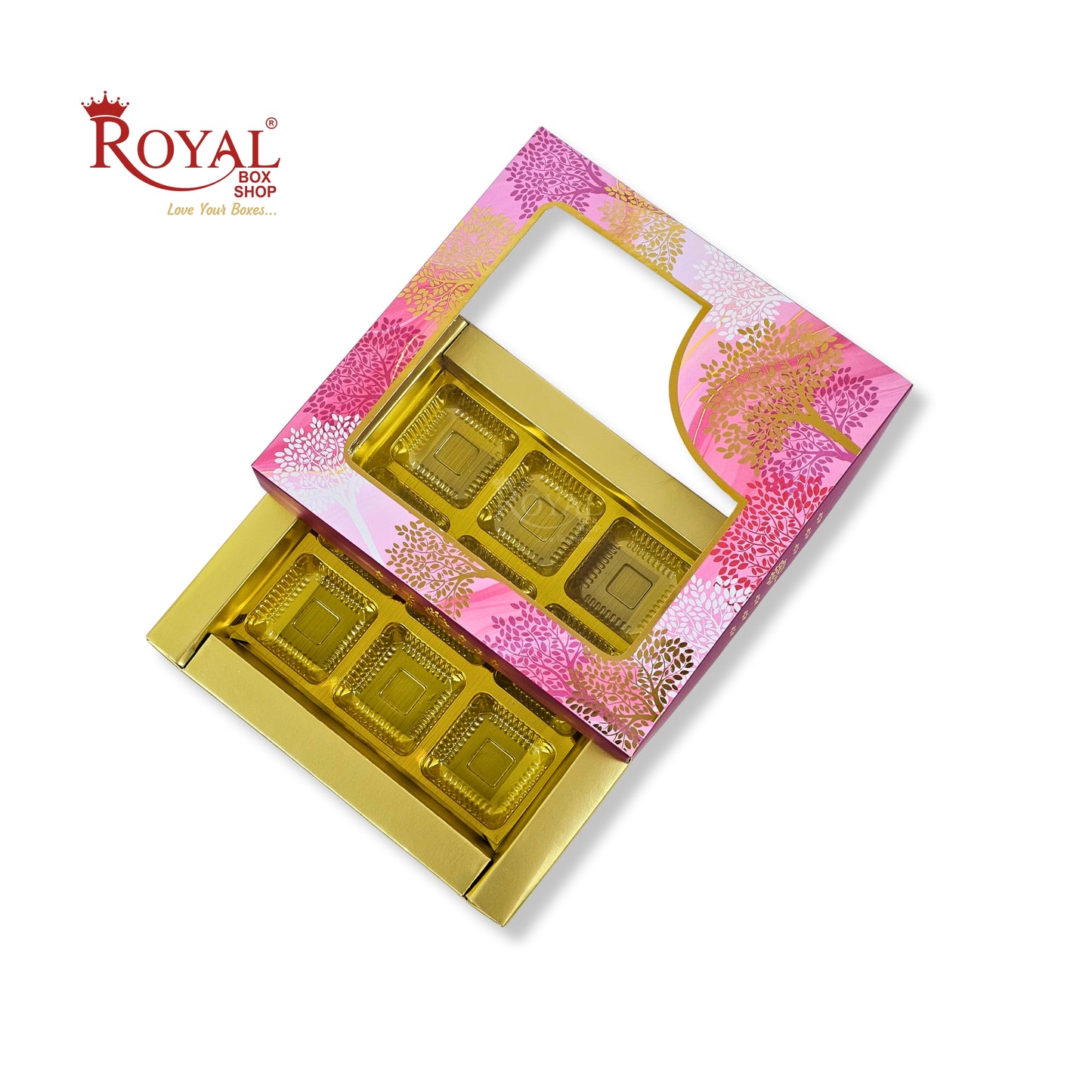 RoyalBoxShop® 9 Cavity Chocolate Box | RCH-09 D5 | Window Lid | Golden Tray