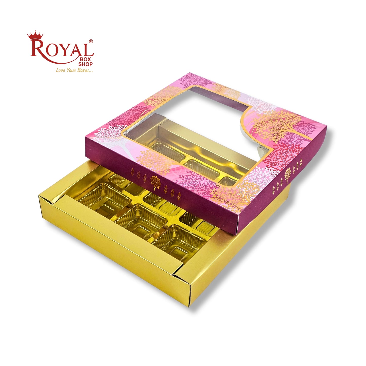 RoyalBoxShop® 9 Cavity Chocolate Box | RCH-09 D5 | Window Lid | Golden Tray
