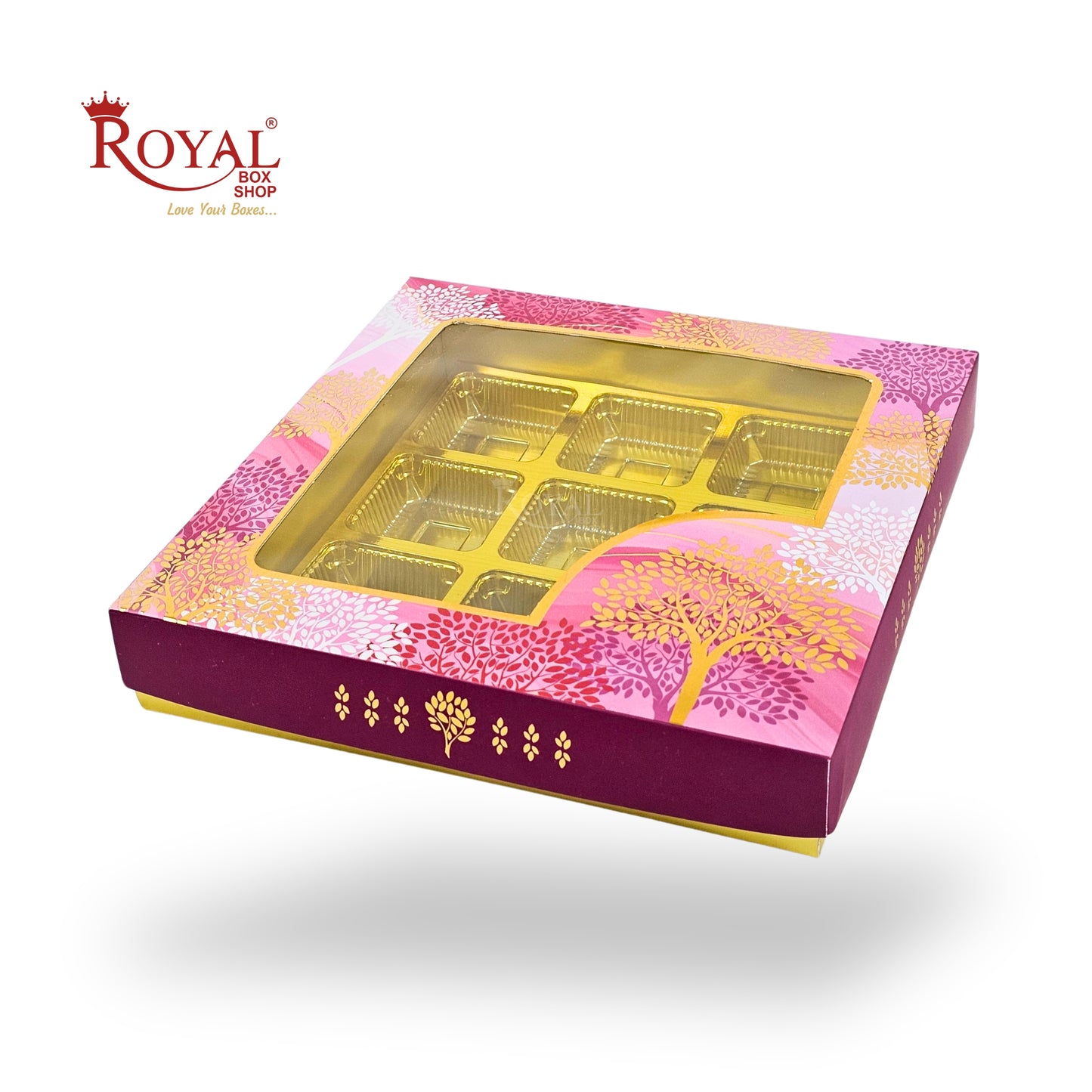 RoyalBoxShop® 9 Cavity Chocolate Box | RCH-09 D5 | Window Lid | Golden Tray