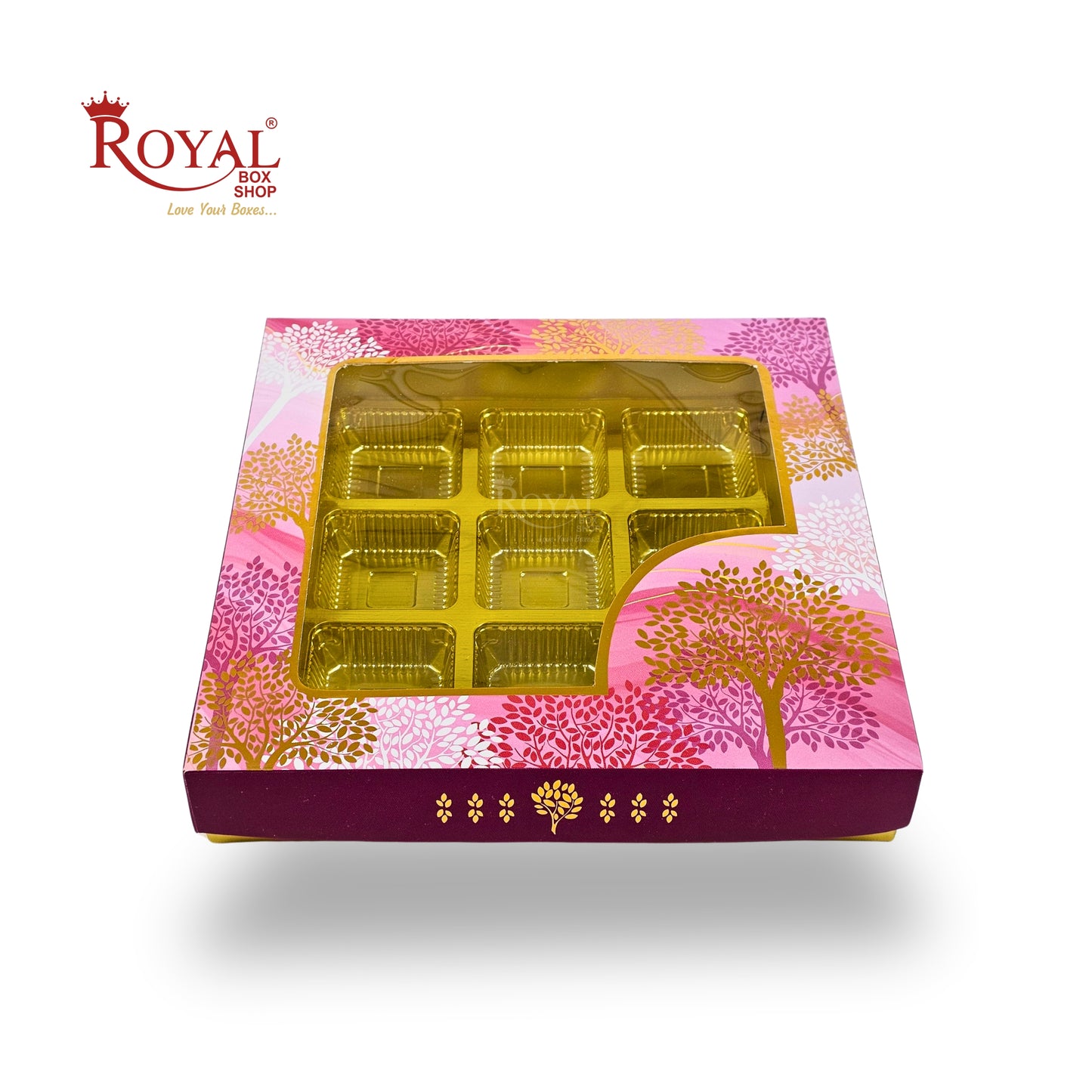 RoyalBoxShop® 9 Cavity Chocolate Box | RCH-09 D5 | Window Lid | Golden Tray