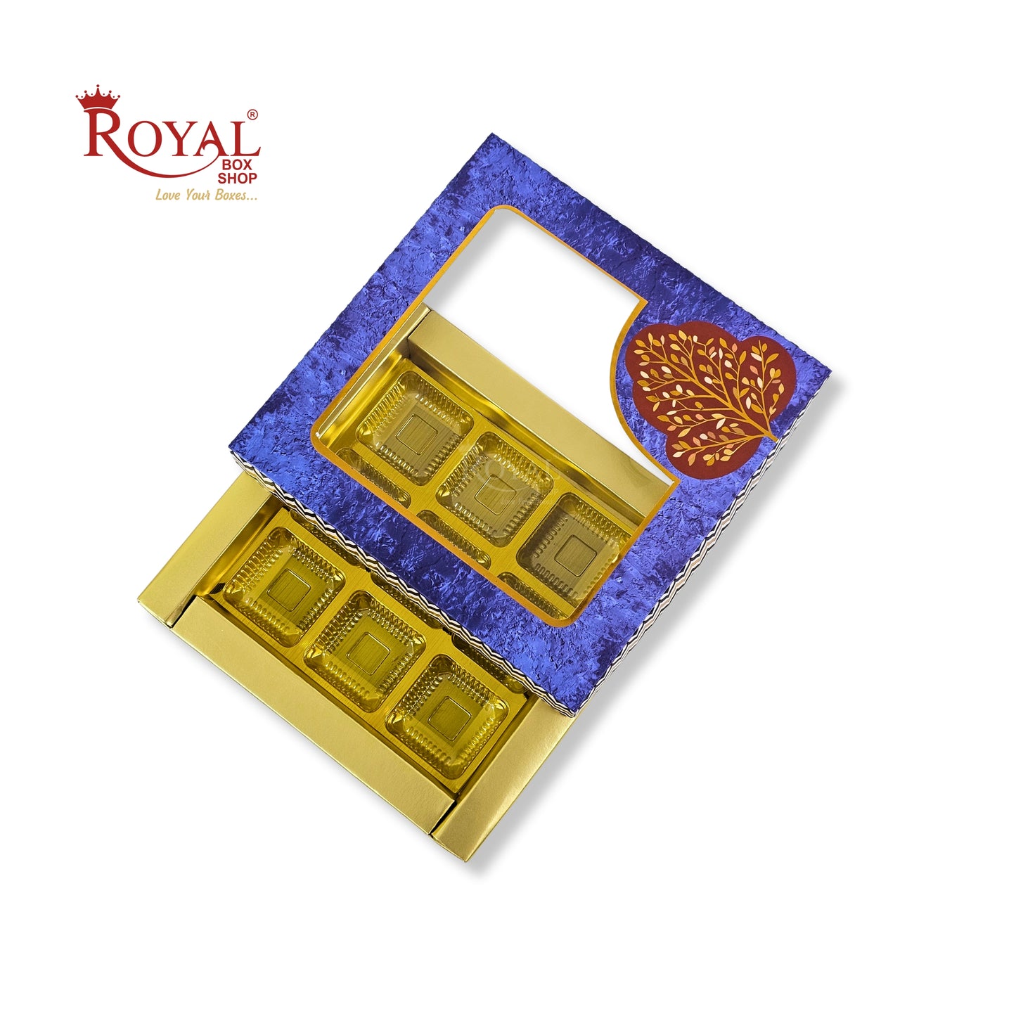 RoyalBoxShop® 9 Cavity Chocolate Box | RCH-09 D6 | Window Lid | Golden Tray