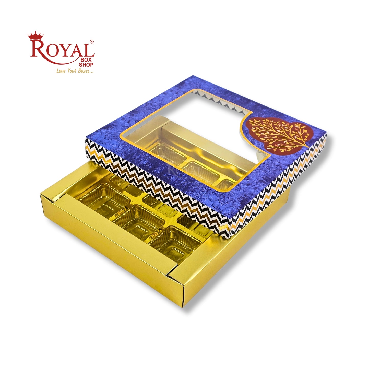 RoyalBoxShop® 9 Cavity Chocolate Box | RCH-09 D6 | Window Lid | Golden Tray