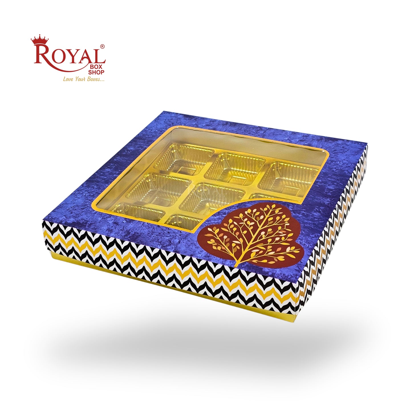 RoyalBoxShop® 9 Cavity Chocolate Box | RCH-09 D6 | Window Lid | Golden Tray