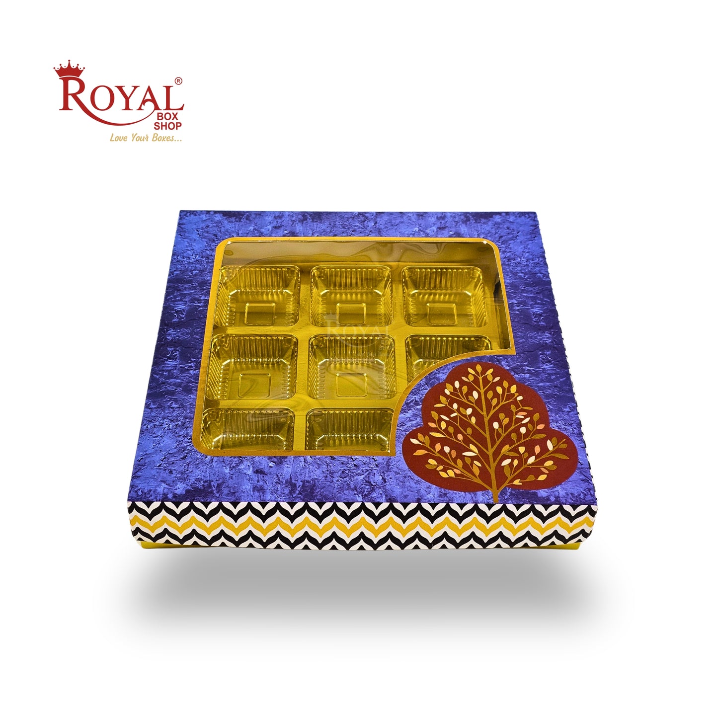 RoyalBoxShop® 9 Cavity Chocolate Box | RCH-09 D6 | Window Lid | Golden Tray