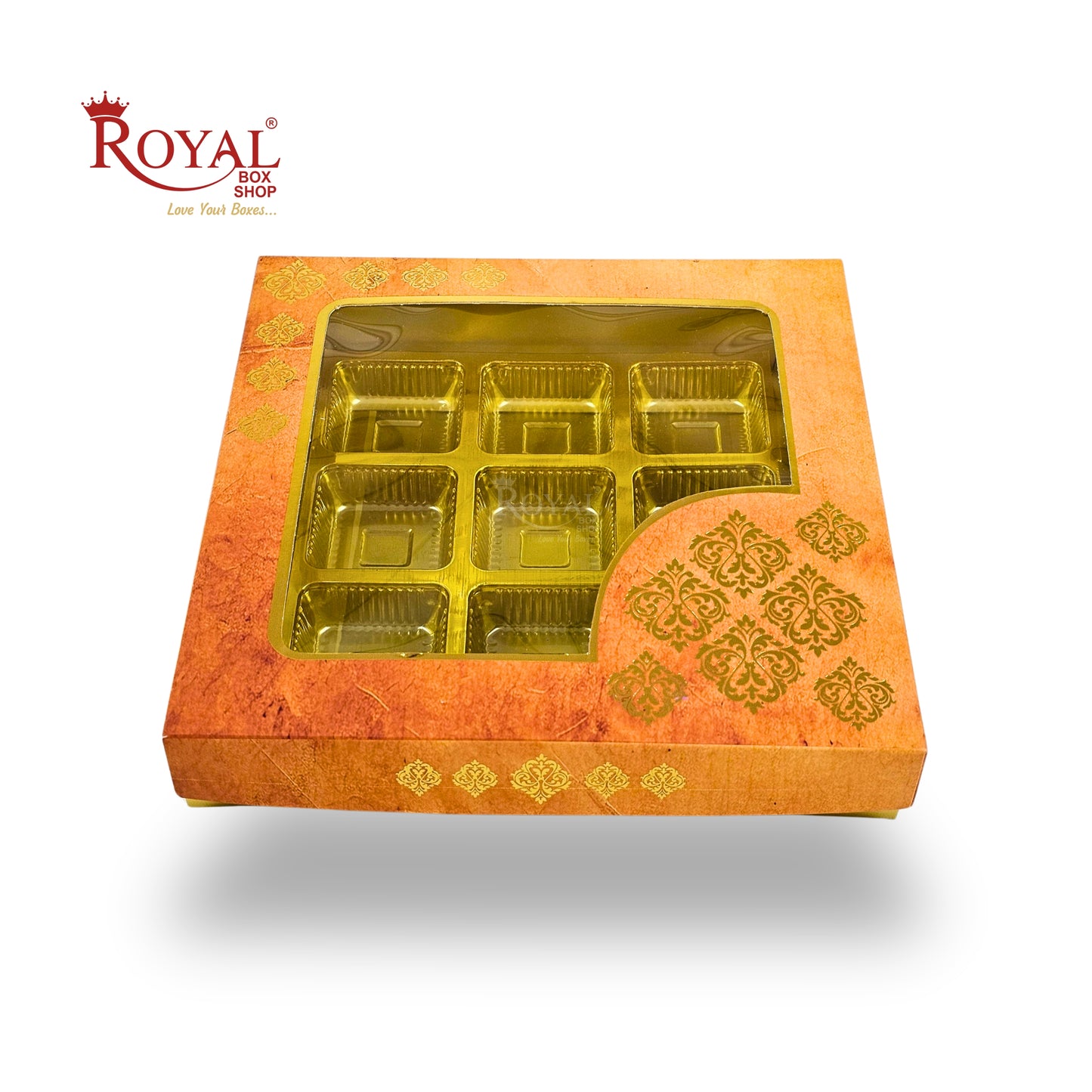 RoyalBoxShop® 9 Cavity Chocolate Box | RCH-09 D1 | Window Lid | Golden Tray