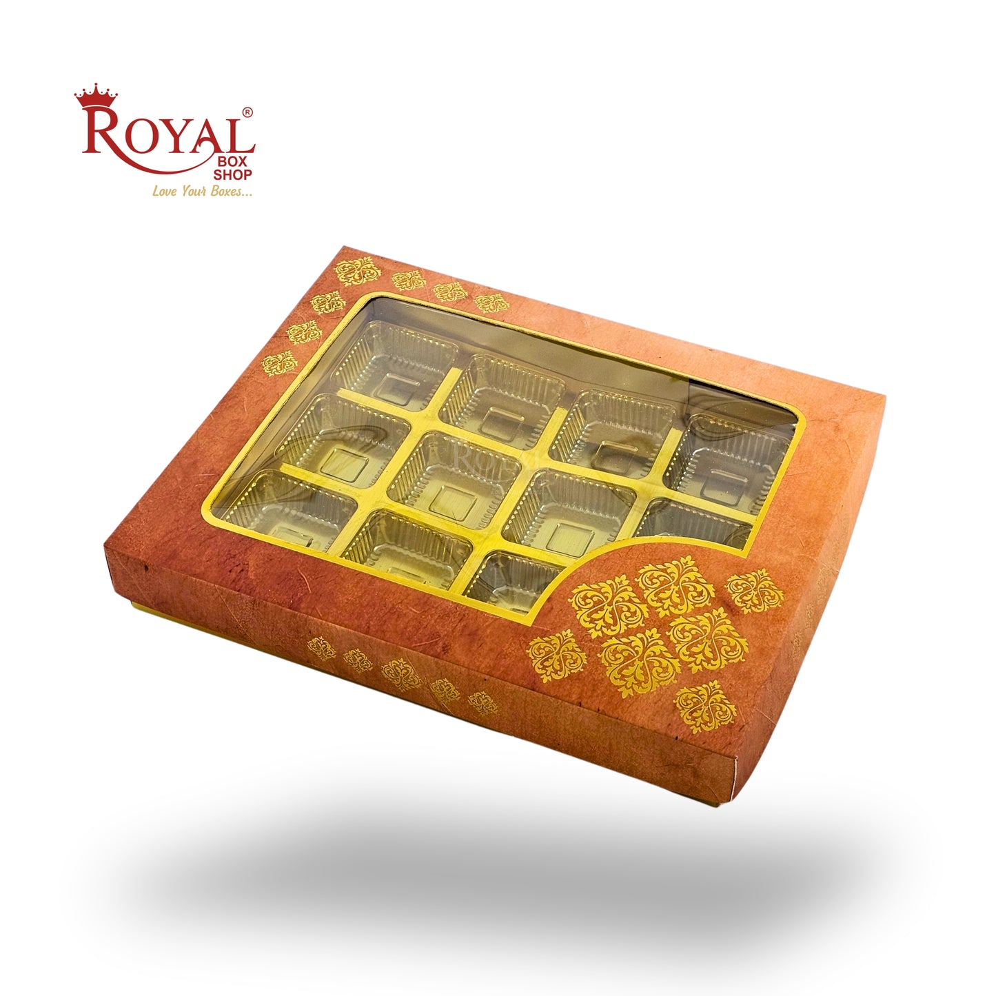 RoyalBoxShop® 12 Cavity Chocolate Box | RCH-12 D1 | Window Lid | Golden Tray
