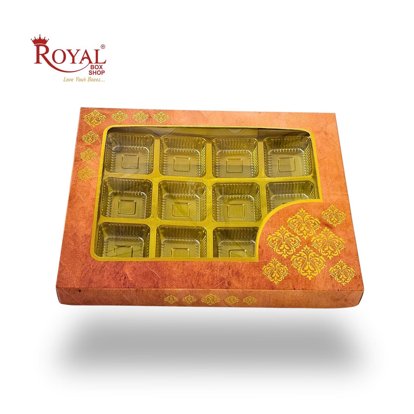 RoyalBoxShop® 12 Cavity Chocolate Box | RCH-12 D1 | Window Lid | Golden Tray