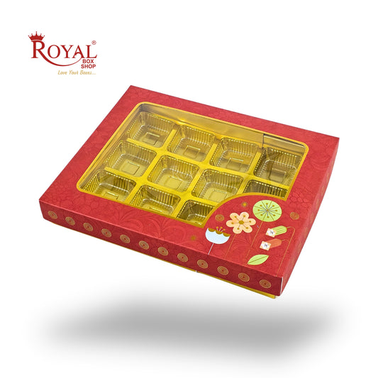 RoyalBoxShop® 12 Cavity Chocolate Box | RCH-12 D2 | Window Lid | Golden Tray