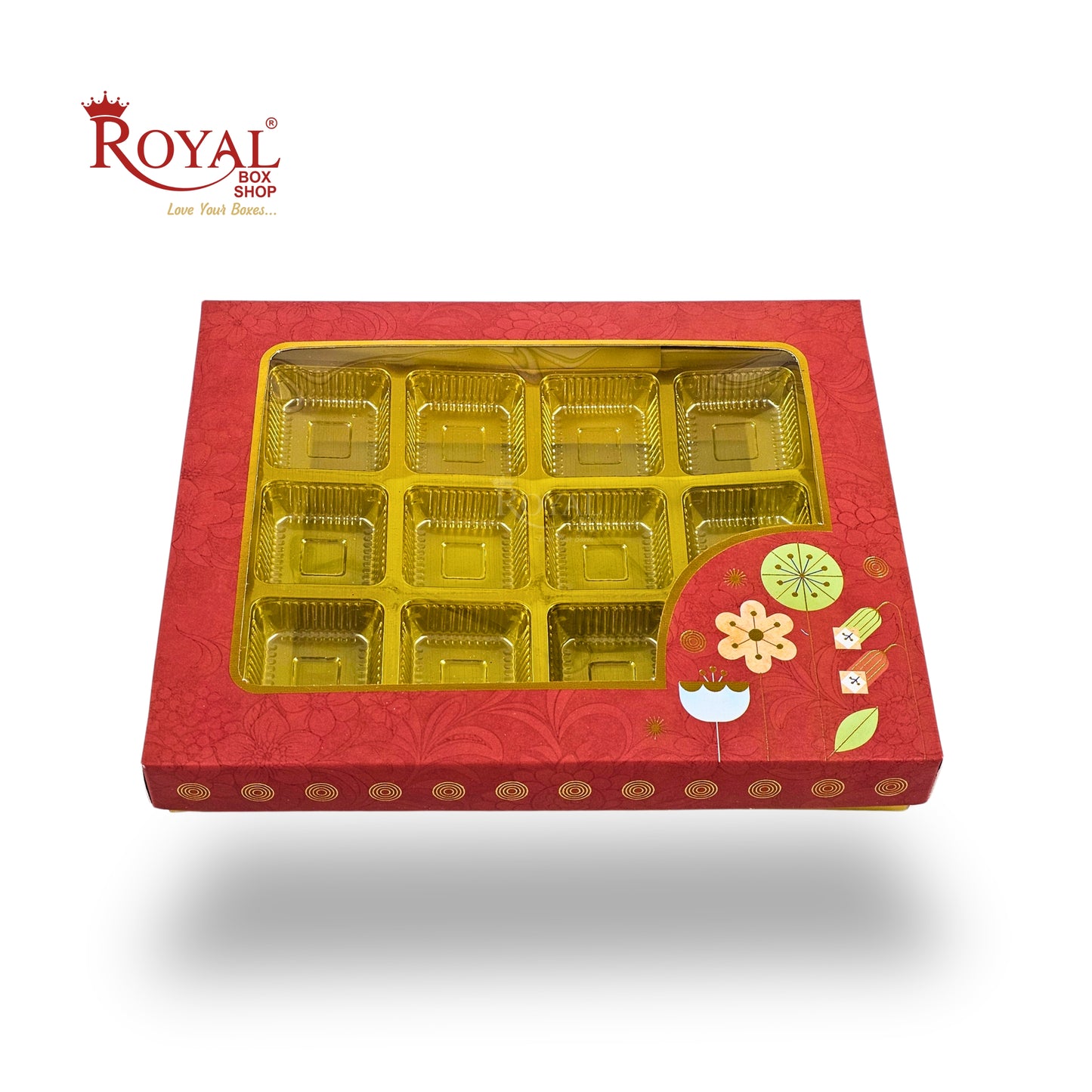 RoyalBoxShop® 12 Cavity Chocolate Box | RCH-12 D2 | Window Lid | Golden Tray