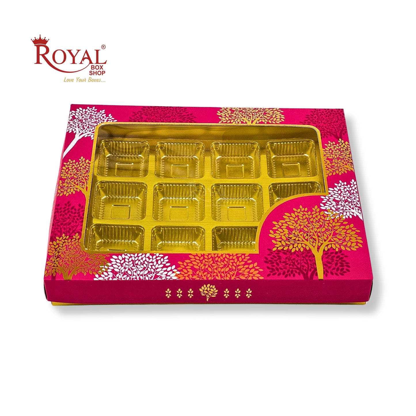 RoyalBoxShop® 12 Cavity Chocolate Box | RCH-12 D3 | Window Lid | Golden Tray