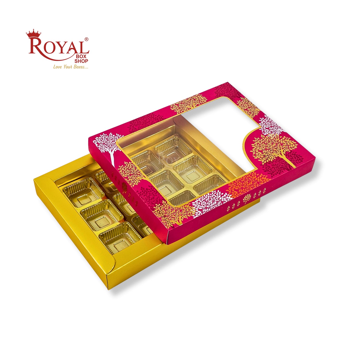 RoyalBoxShop® 12 Cavity Chocolate Box | RCH-12 D3 | Window Lid | Golden Tray
