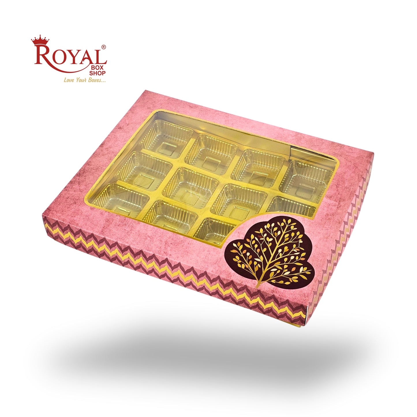 RoyalBoxShop® 12 Cavity Chocolate Box | RCH-12 D4 | Window Lid | Golden Tray