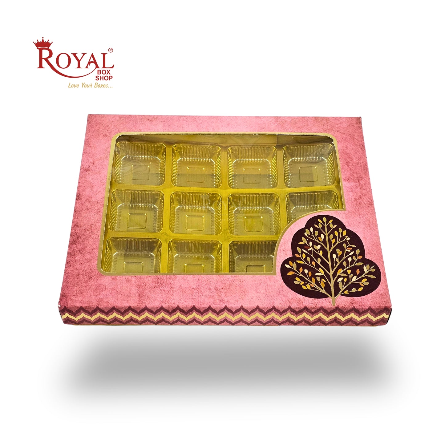 RoyalBoxShop® 12 Cavity Chocolate Box | RCH-12 D4 | Window Lid | Golden Tray