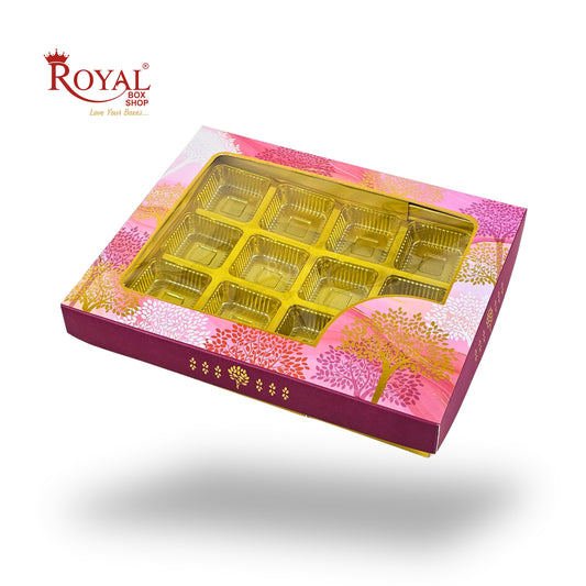 RoyalBoxShop® 12 Cavity Chocolate Box | RCH-12 D5 | Window Lid | Golden Tray