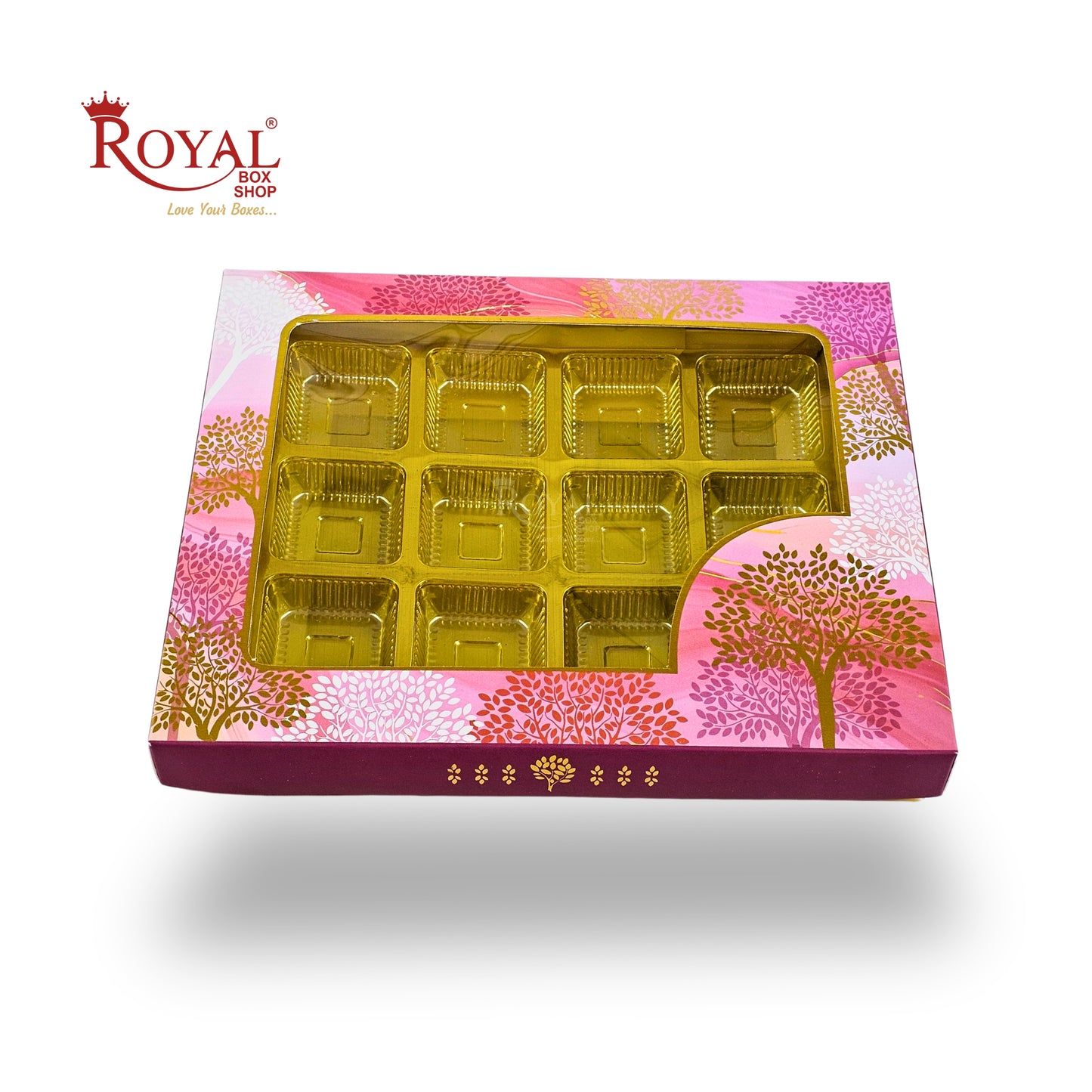 RoyalBoxShop® 12 Cavity Chocolate Box | RCH-12 D5 | Window Lid | Golden Tray