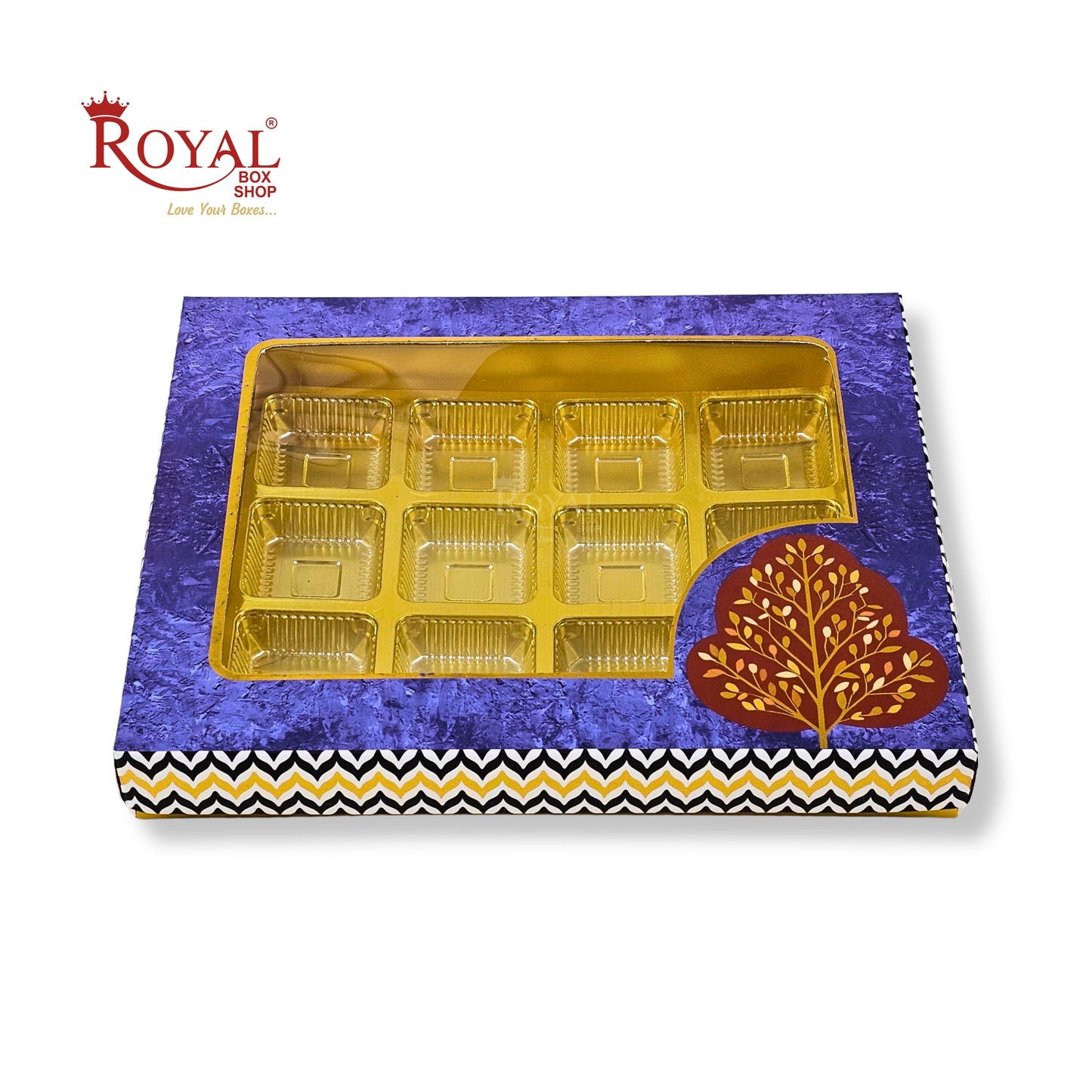 RoyalBoxShop® 12 Cavity Chocolate Box | RCH-12 D6 | Window Lid | Golden Tray