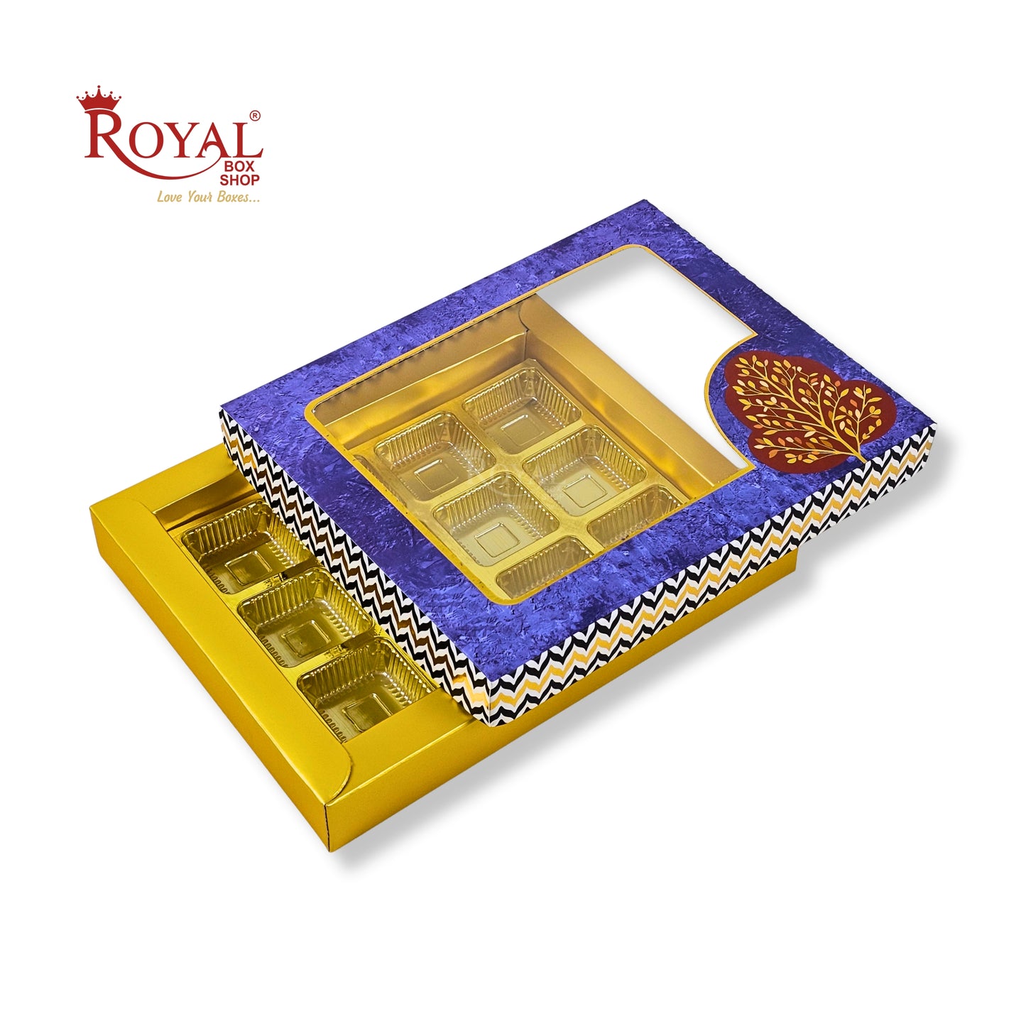 RoyalBoxShop® 12 Cavity Chocolate Box | RCH-12 D6 | Window Lid | Golden Tray