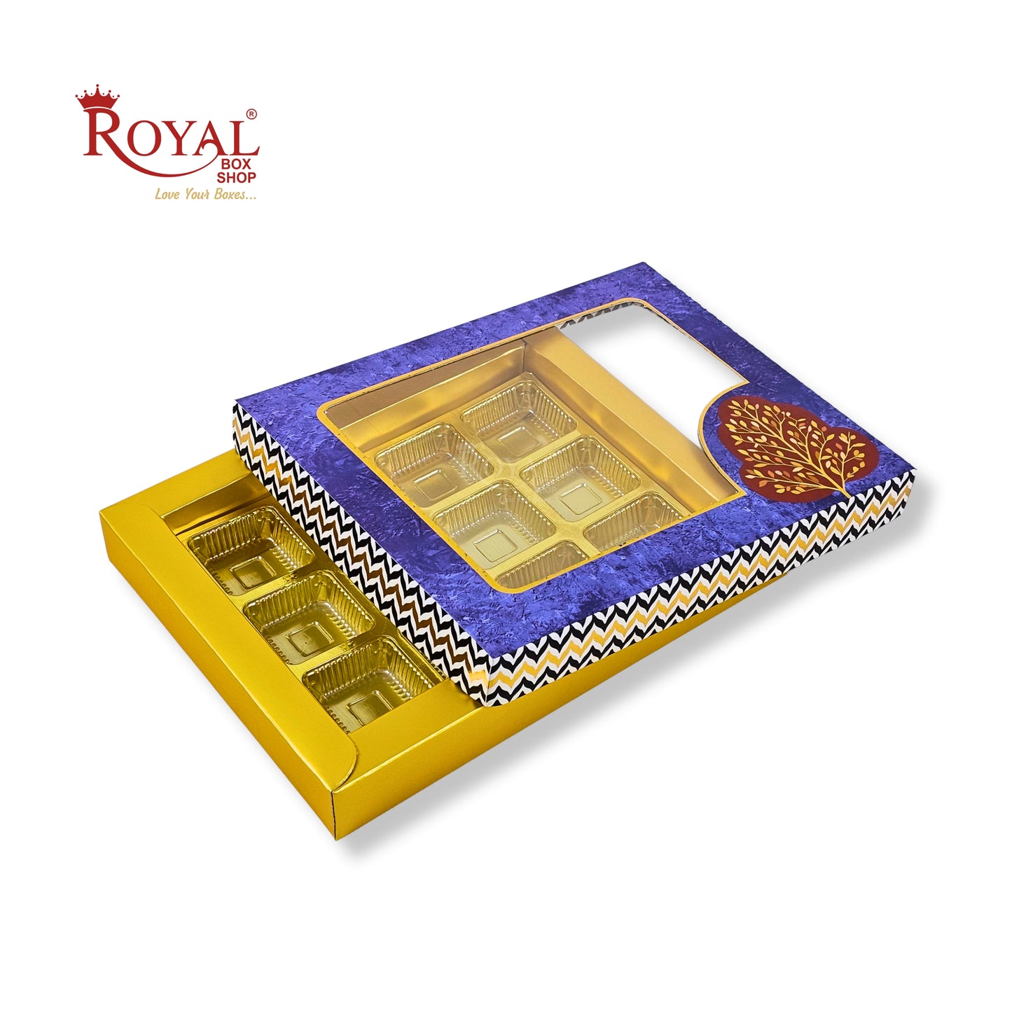 RoyalBoxShop® 12 Cavity Chocolate Box | RCH-12 D6 | Window Lid | Golden Tray