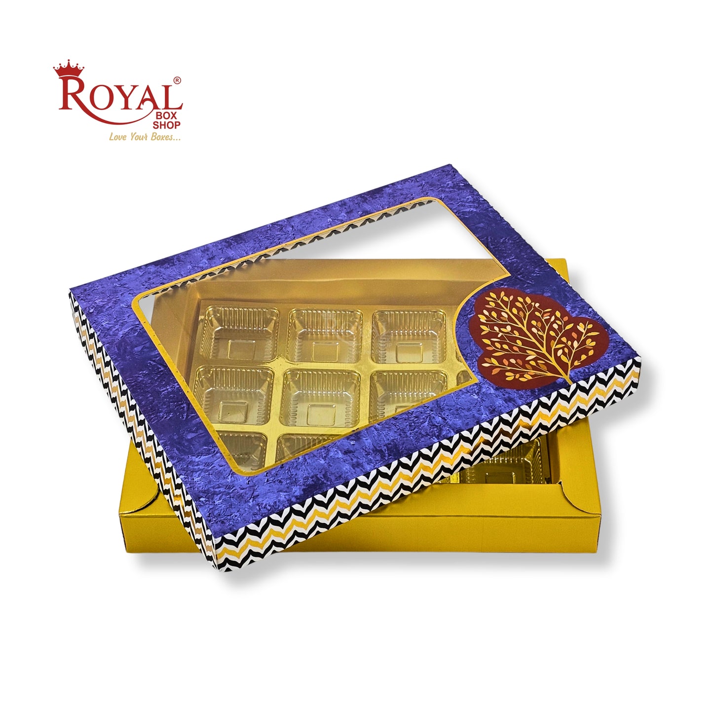 RoyalBoxShop® 12 Cavity Chocolate Box | RCH-12 D6 | Window Lid | Golden Tray