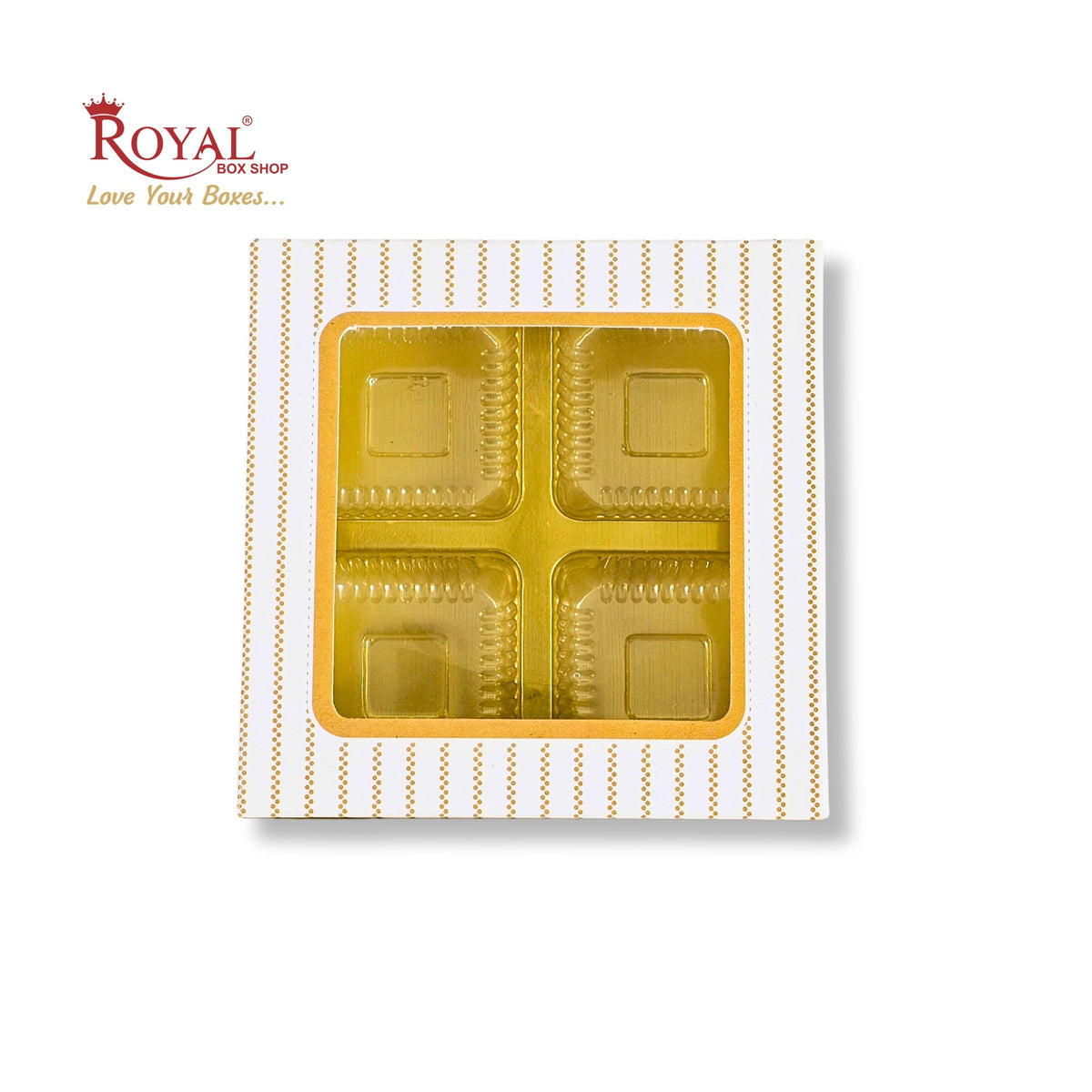 4 Cavity Chocolate Boxes with Window I 3.75 x 3.75 x 1 inches I White Stripe I B2B