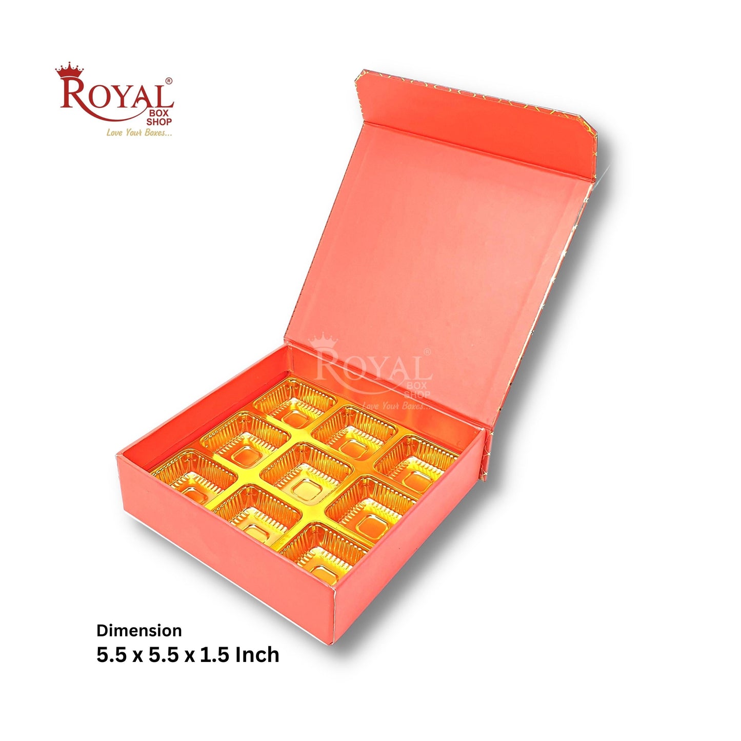 Rigid Chocolate Boxes 9 Cavity With Magnetic Flap I Red with Gold Foiling I 5.5 X 5.5 X 1.5 Inch Royal Box Shop