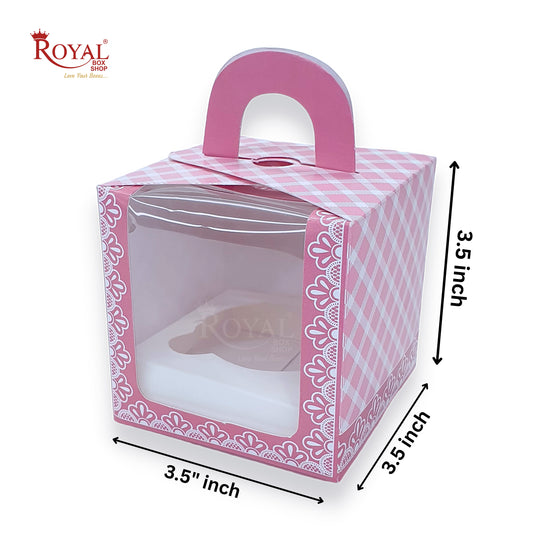Single Cupcake Box With Window - Size 3.5"x3.5"x3.5" - Pink Check Royal Box Shop